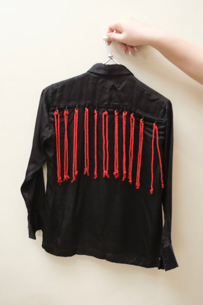Men’s Black Formal Shirt with Bold Red Rope Detailing – Statement Piece